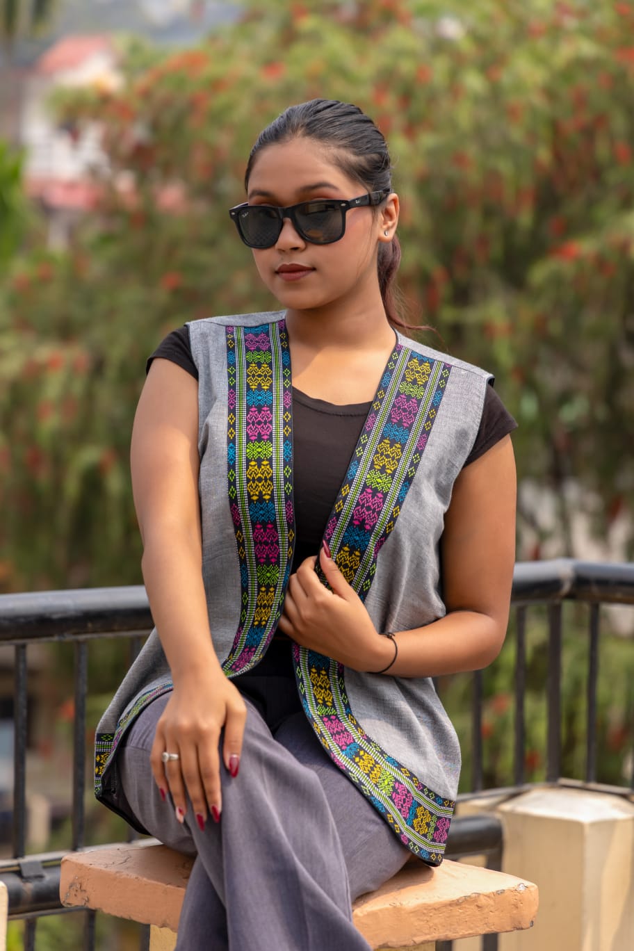 Grey Shrug with traditional Pattern